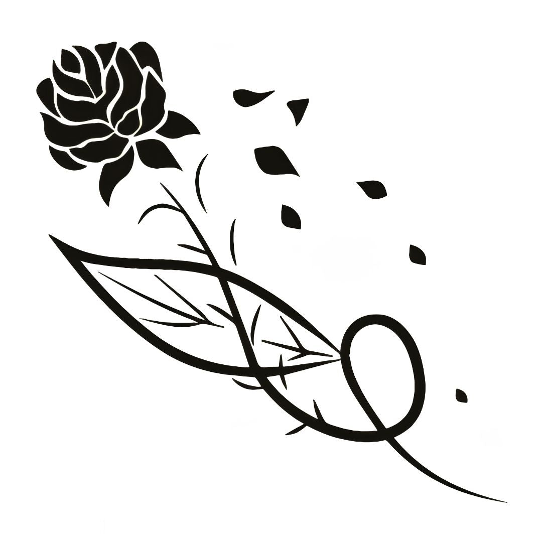 Rose with dispersing petals, feather and infinity loop temporary tattoo, blackwork style on white background.