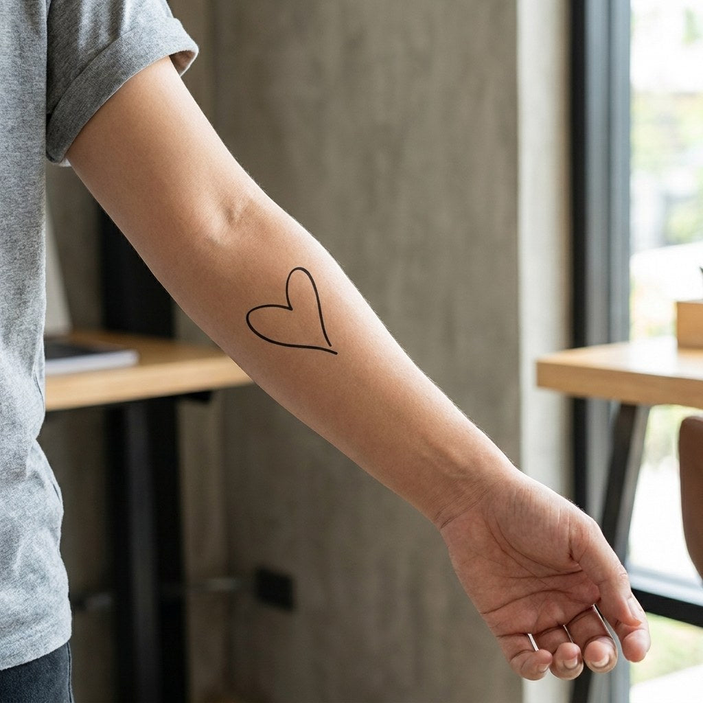 Hand-sketched heart outline temporary tattoo on white background, single loose fineline stroke, slightly tilted.