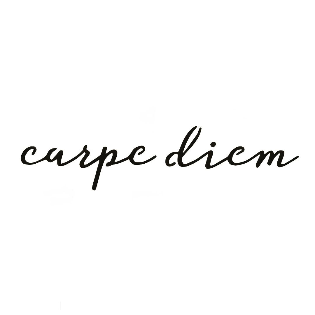 Cursive script "carpe diem" temporary tattoo in lowercase lettering on white background, fine handwritten style.
