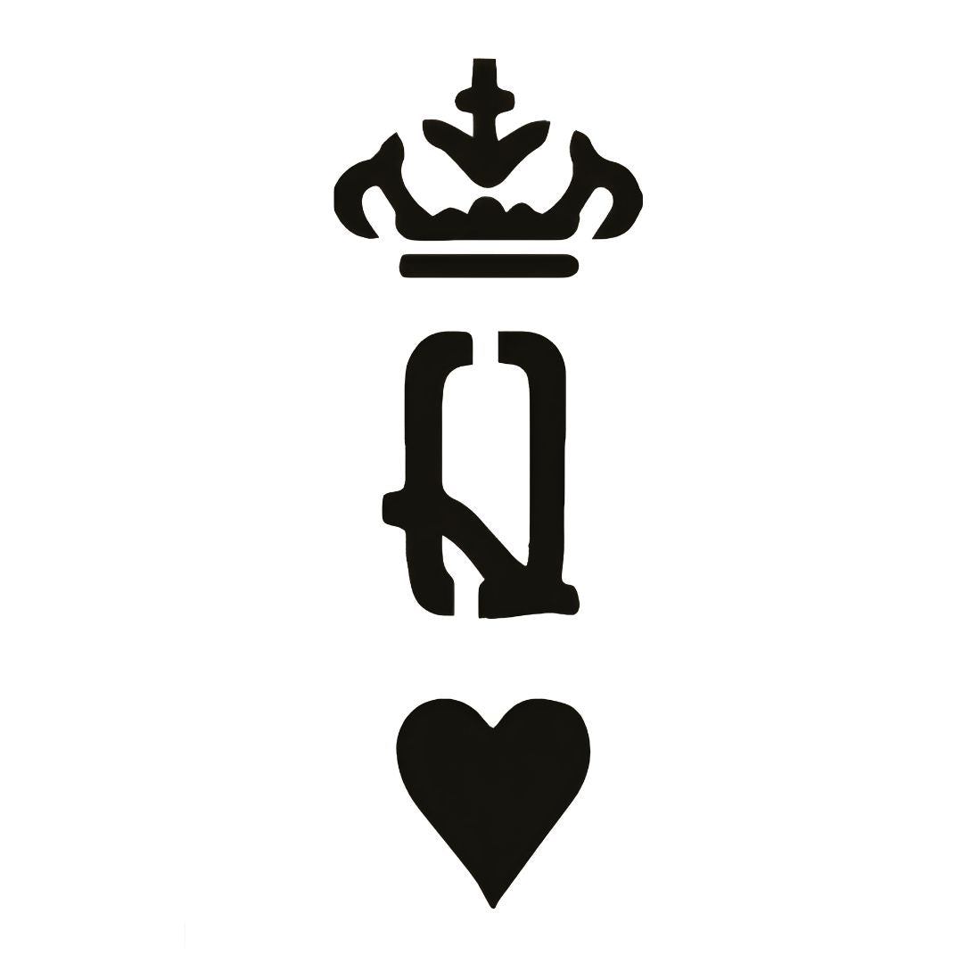 Queen of Hearts blackwork temporary tattoo — stacked crown, letter Q, and solid heart on white background.