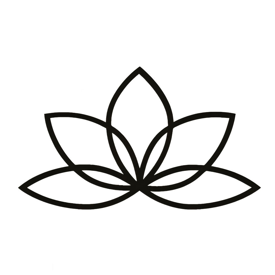 Minimalist lotus flower temporary tattoo in continuous linework, five overlapping petals, no fill, on white background.