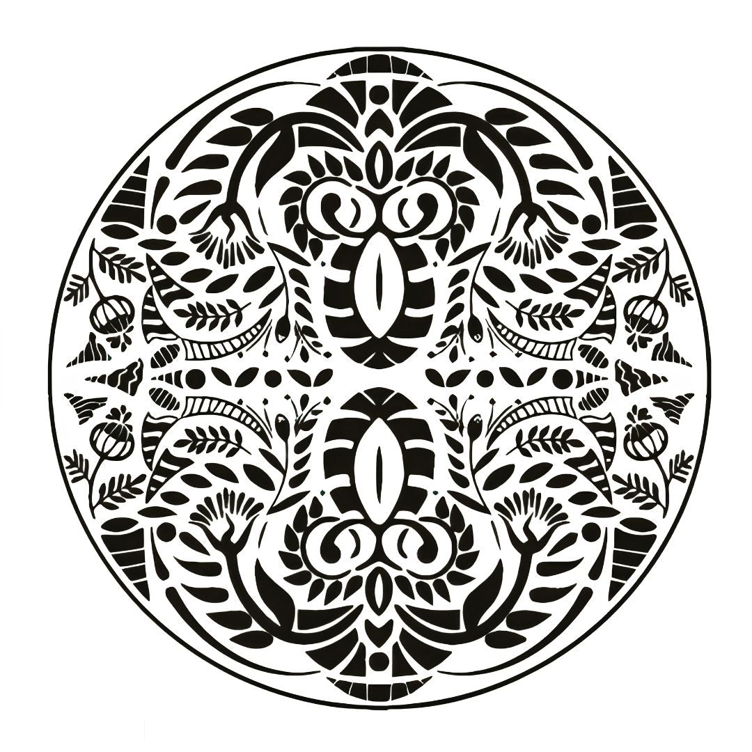 Circular folk floral mandala temporary tattoo in dense blackwork, mirrored leaf and petal motifs on white background.