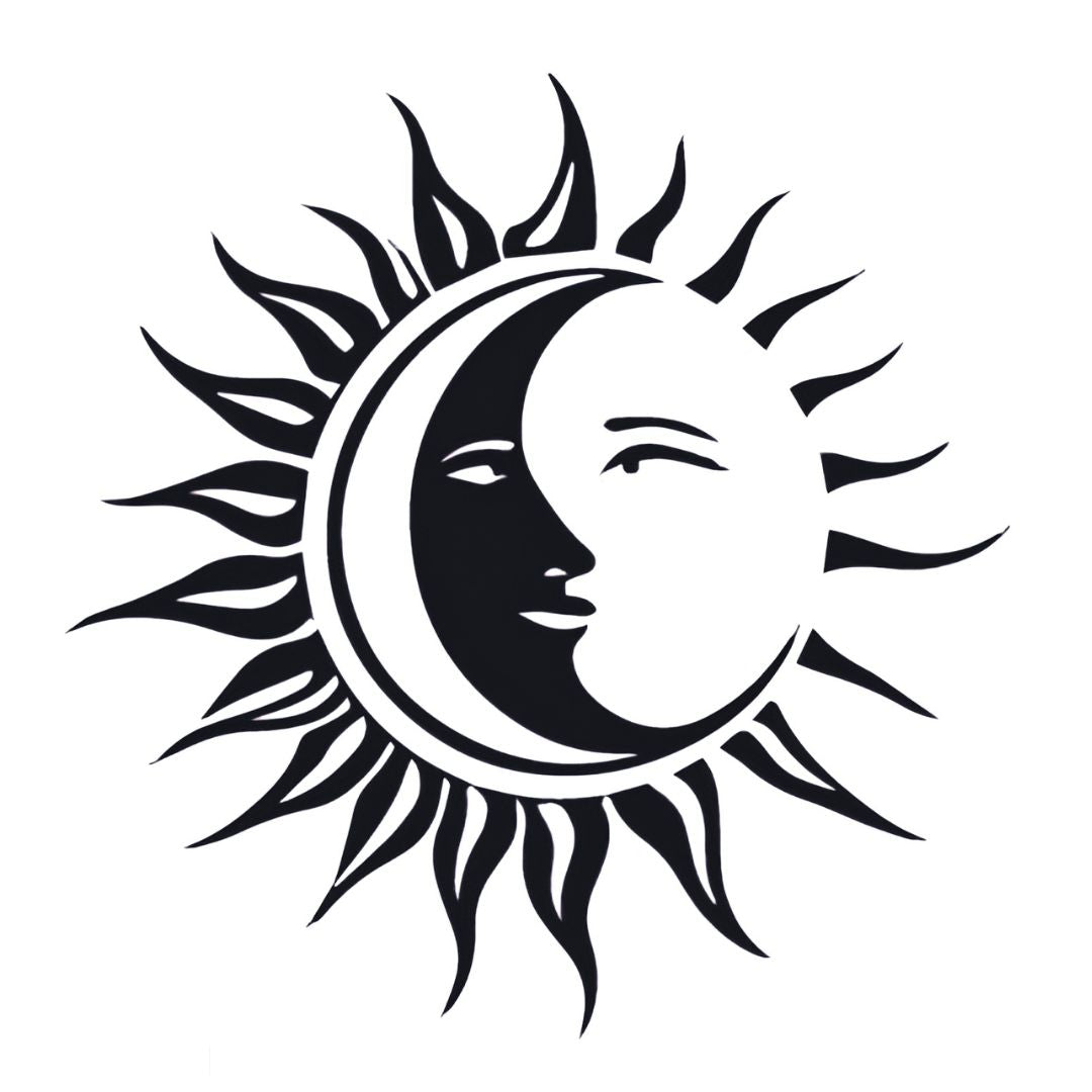 Bold sun and crescent moon face temporary tattoo, solid blackwork with flame rays, on white background.