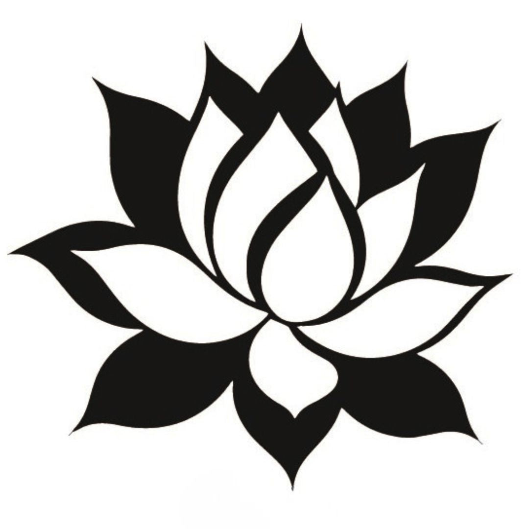 Bold blackwork lotus flower temporary tattoo with layered petals and white negative space centre, on white background.