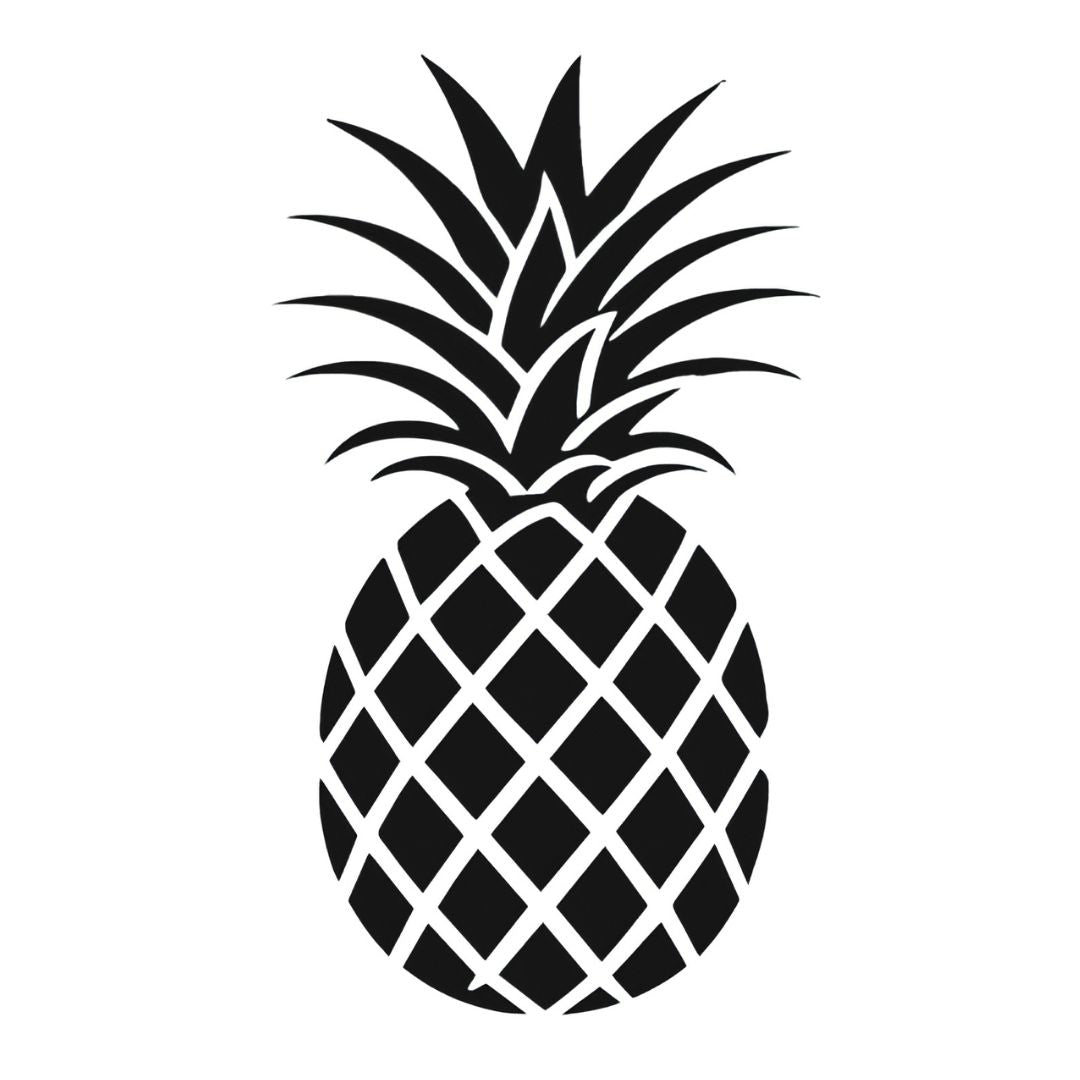 Bold blackwork pineapple temporary tattoo with diamond grid body and spiked crown on white background.