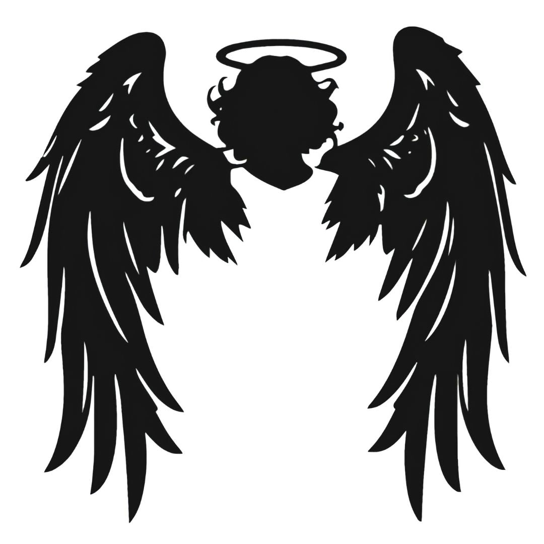 Angel wings and halo silhouette temporary tattoo in solid blackwork, symmetrical feathered wings on white background.