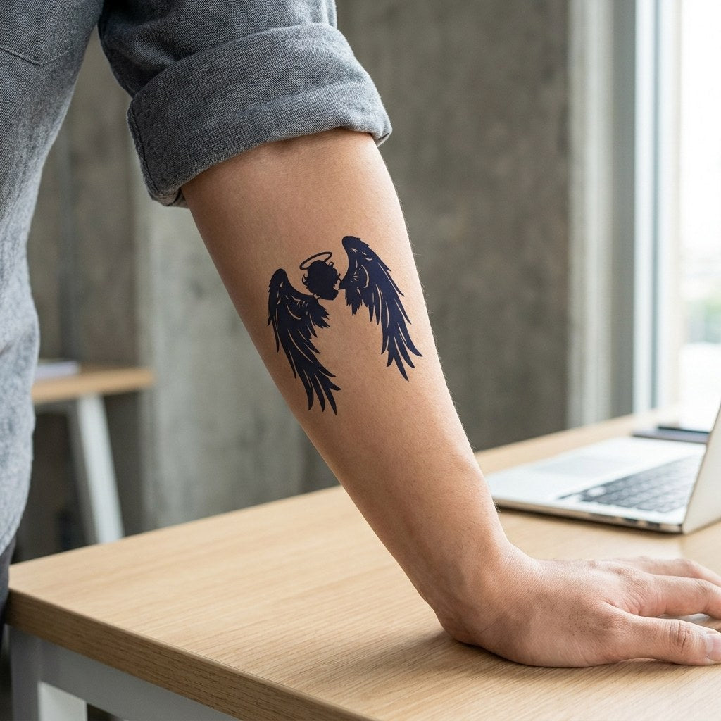 Angel wings and halo silhouette temporary tattoo in solid blackwork, symmetrical feathered wings on white background.