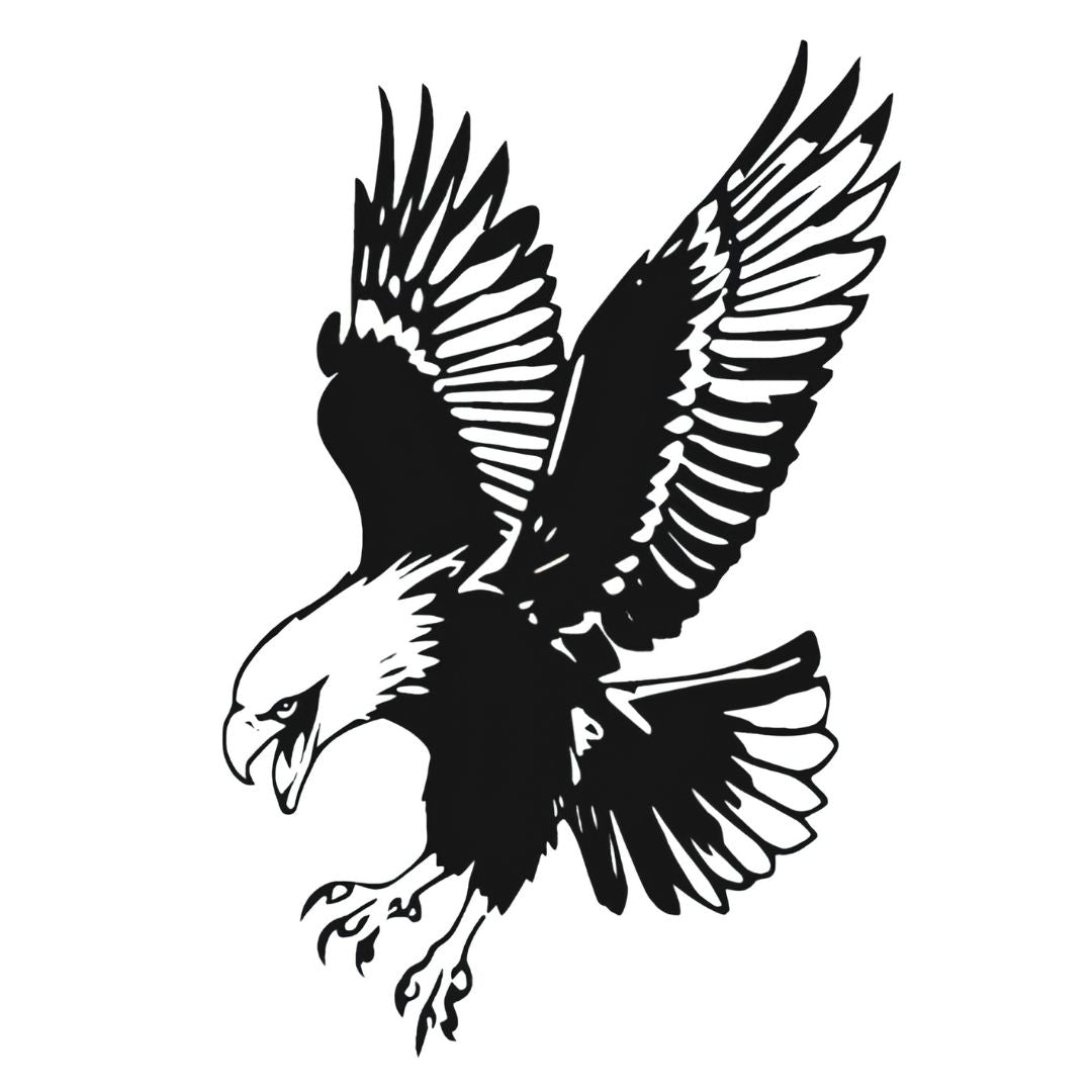 Bold bald eagle diving with wings spread temporary tattoo, solid blackwork linework on white background.