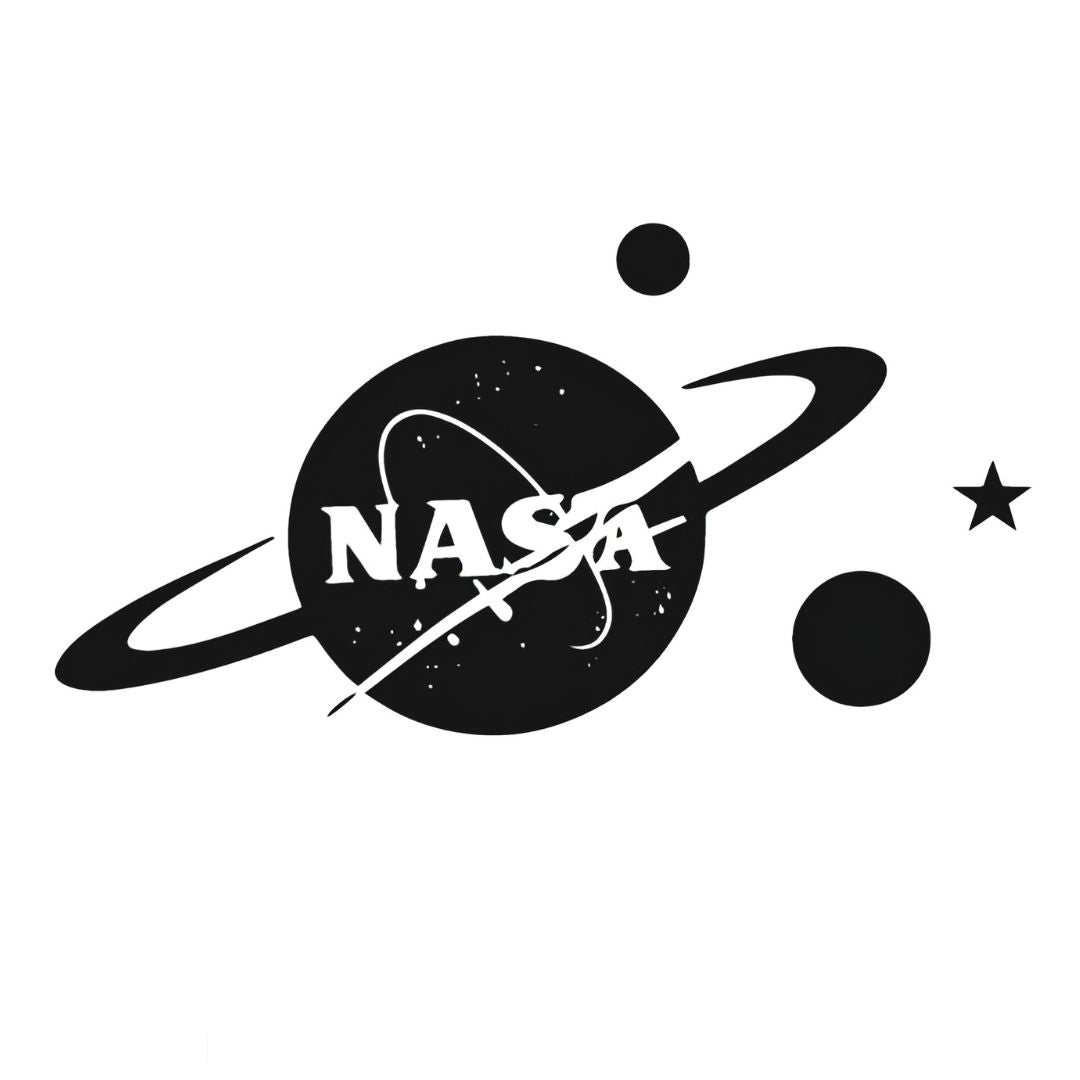 NASA meatball logo temporary tattoo in navy blue with orbital ring, two planets and a star on white background.