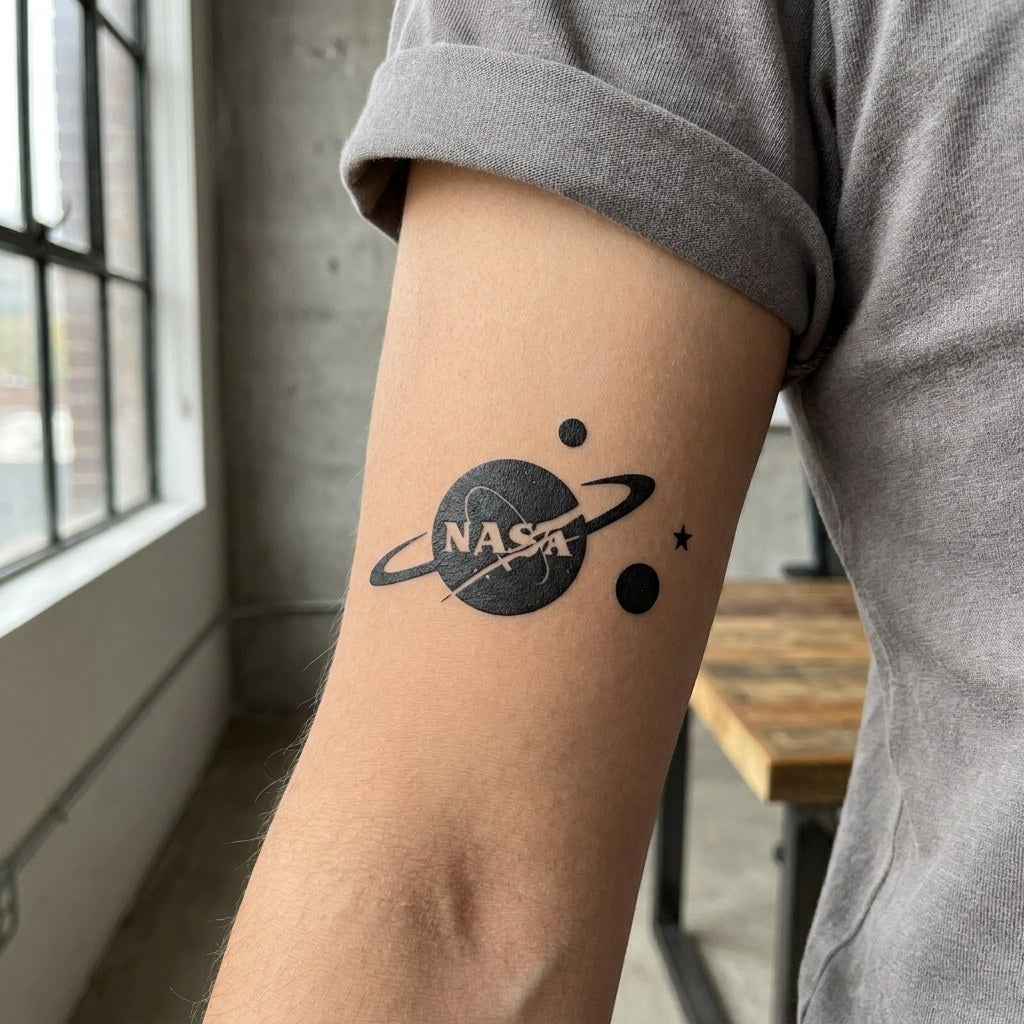 NASA meatball logo temporary tattoo in navy blue with orbital ring, two planets and a star on white background.
