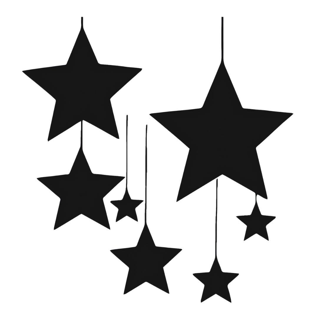Hanging stars cluster temporary tattoo — six solid five-pointed stars on trailing lines, blackwork style on white background.