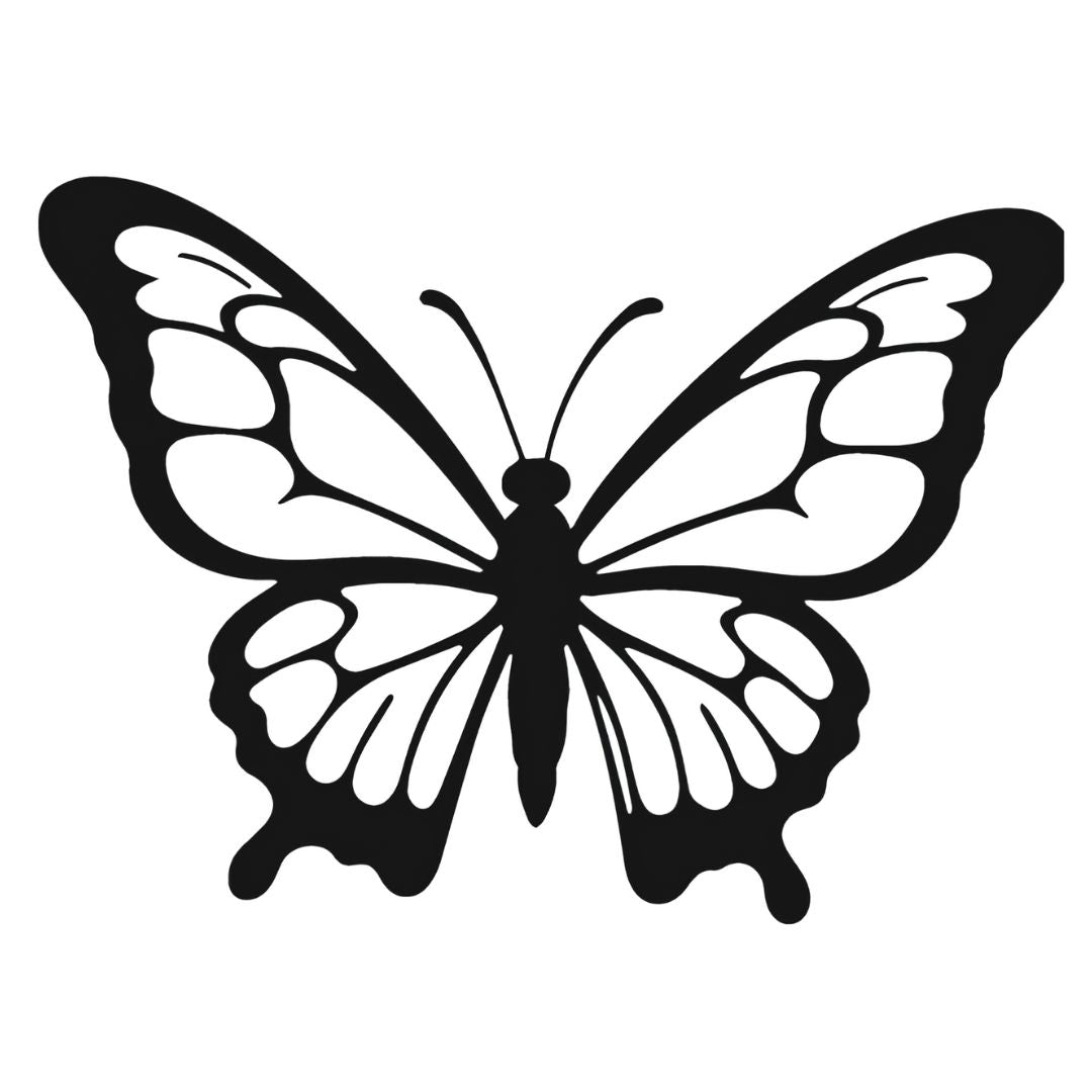 Solid blackwork monarch butterfly temporary tattoo with white negative-space wing veining on white background.