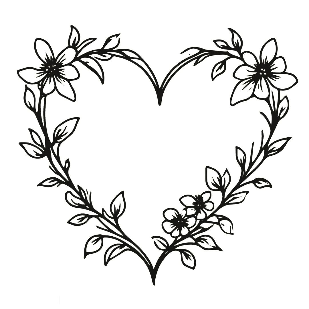 Floral heart wreath temporary tattoo with linework flowers and leaves forming a heart shape on white background.