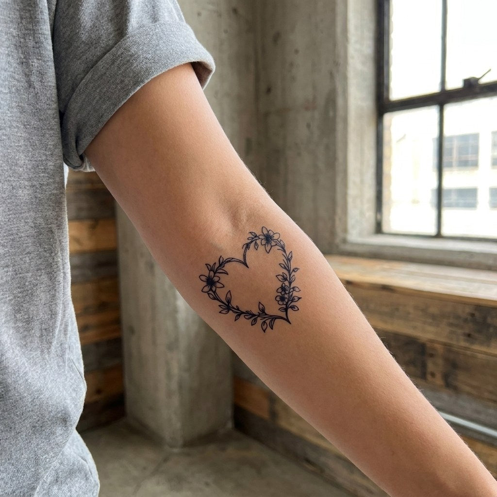 Floral heart wreath temporary tattoo with linework flowers and leaves forming a heart shape on white background.