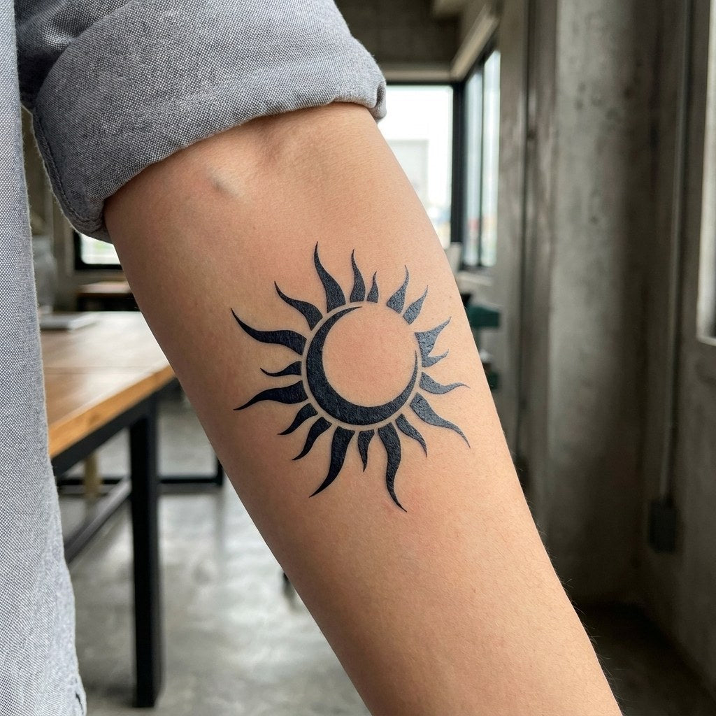 Tribal sun and crescent moon temporary tattoo with flame rays, solid blackwork style on white background.