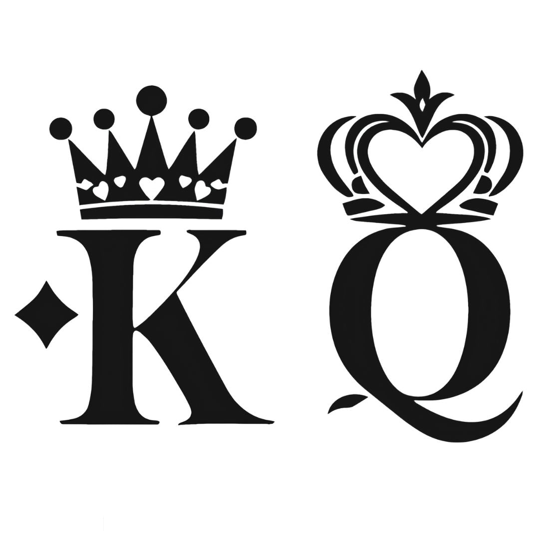 King and Queen crown couple temporary tattoo, bold K and Q initials with royal crowns, blackwork style on white background.