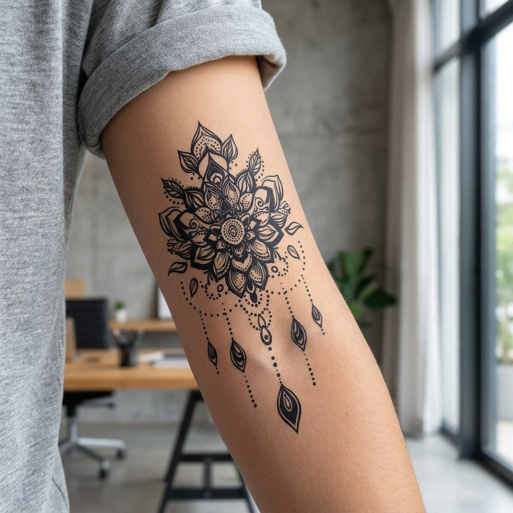 Detailed mandala lotus chandelier temporary tattoo with dotwork, petal layers and hanging teardrop chains, on white background.