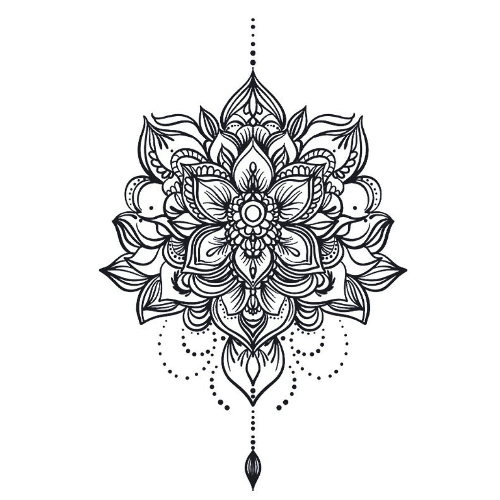 Lotus mandala temporary tattoo with layered petals, dotted chains and teardrop pendant, fine linework on white background.