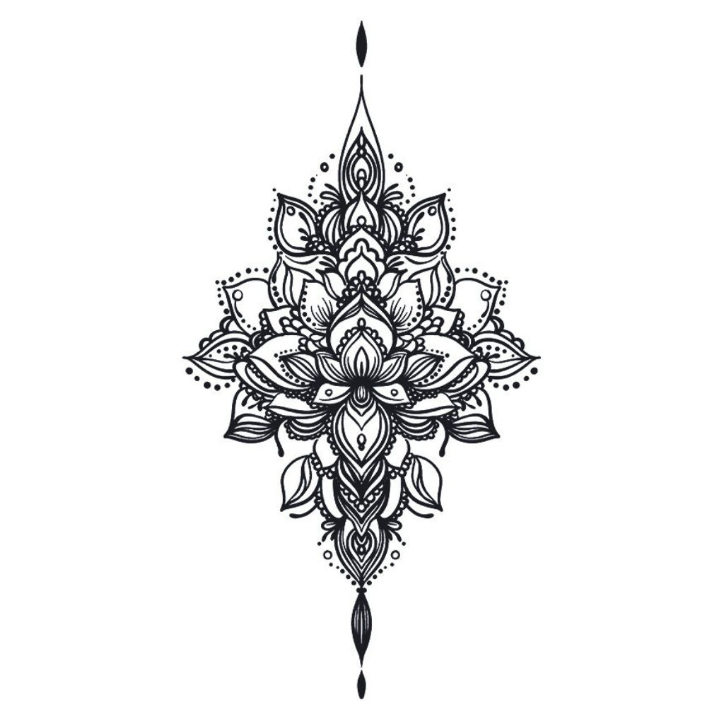 Vertical lotus mandala chandelier temporary tattoo with layered petals, dotwork detail, and teardrop finials, fine linework on white background.