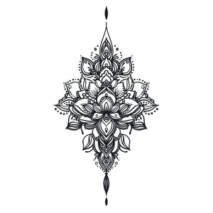 Vertical lotus mandala chandelier temporary tattoo with layered petals, dotwork detail, and teardrop finials, fine linework on white background.