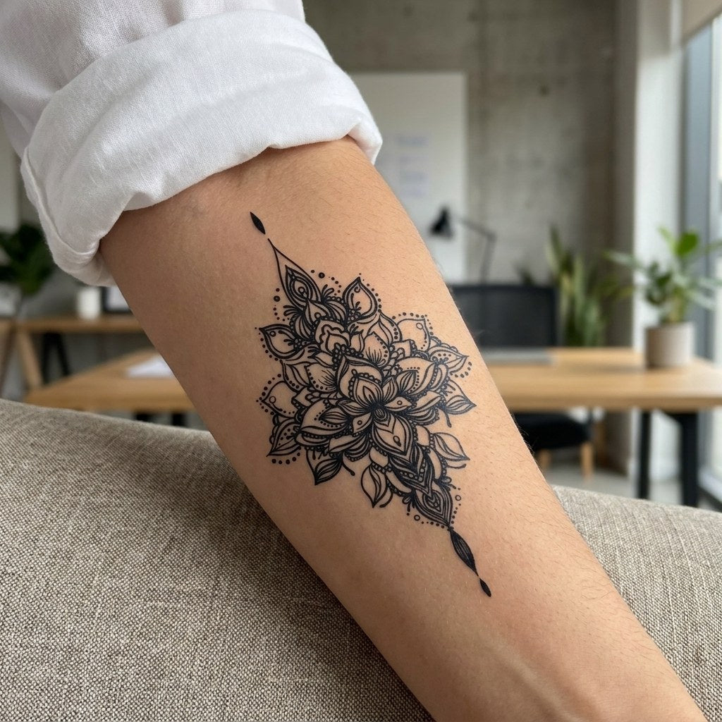 Vertical lotus mandala chandelier temporary tattoo with layered petals, dotwork detail, and teardrop finials, fine linework on white background.