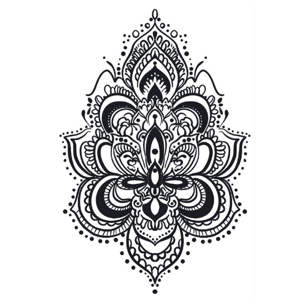 Ornate lotus mandala temporary tattoo with layered petals and intricate linework, blackwork style on white background.