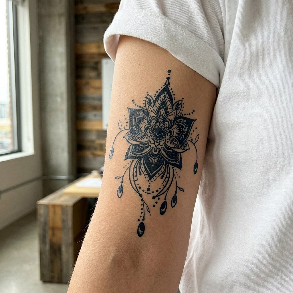 Ornamental mandala lotus chandelier temporary tattoo with teardrop pendants and dotwork detail on white background.