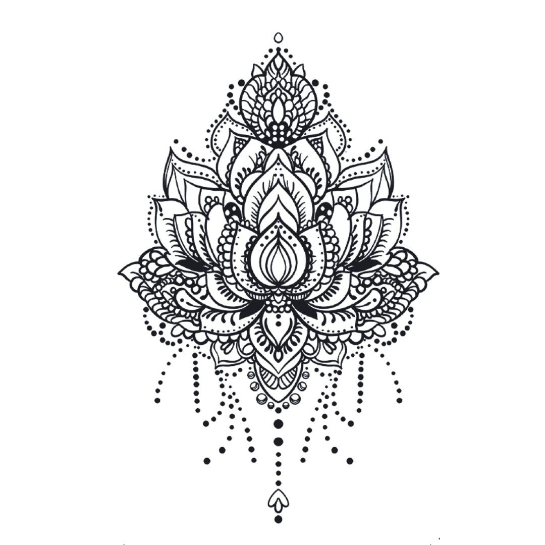 Ornate lotus mandala chandelier temporary tattoo with dotwork drops and layered petals, fine linework on white background.