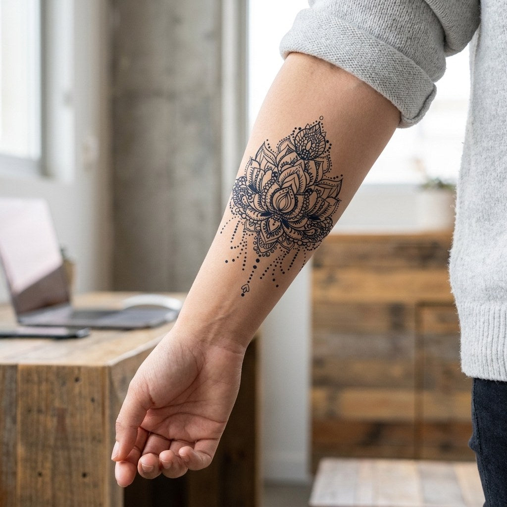 Ornate lotus mandala chandelier temporary tattoo with dotwork drops and layered petals, fine linework on white background.