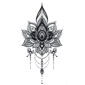 Ornamental lotus mandala chandelier temporary tattoo with dotwork and hanging teardrop pendant on white background.