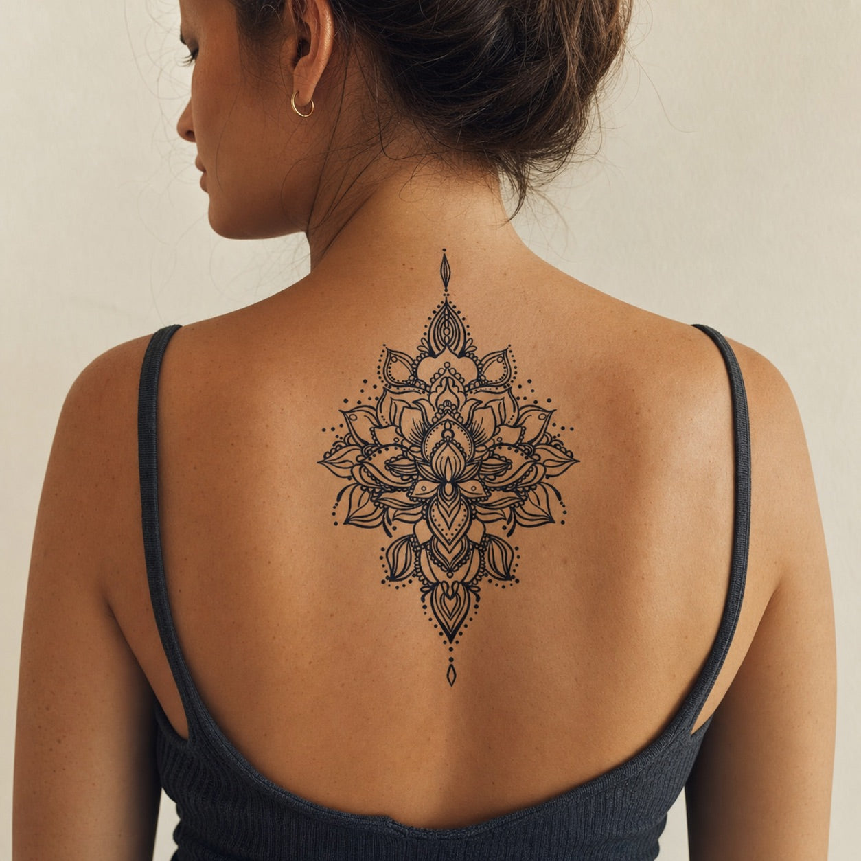 Vertical lotus mandala ornamental temporary tattoo with dotwork accents and diamond finials, fine linework on white background.