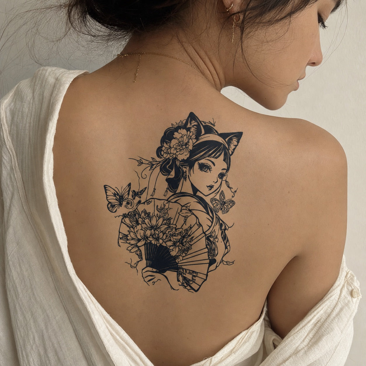 Japanese nekomimi cat girl in kimono temporary tattoo holding a peony fan with butterflies, detailed linework on white background.