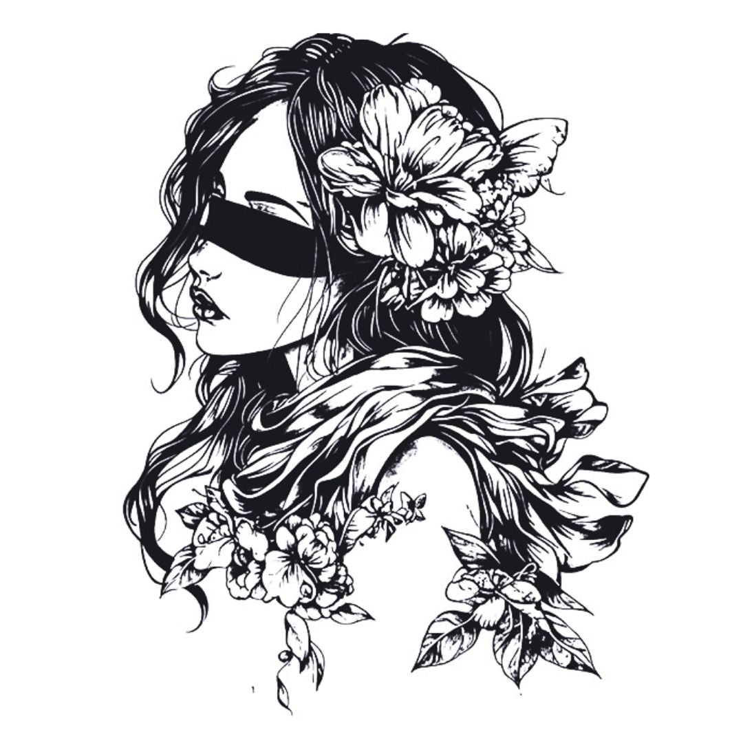 Illustrative blindfolded woman with floral crown and cascading flowers temporary tattoo, detailed linework on white background.