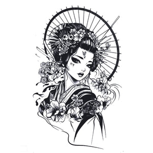 Japanese geisha temporary tattoo with wagasa umbrella and cherry blossoms, detailed illustrative style on white background.