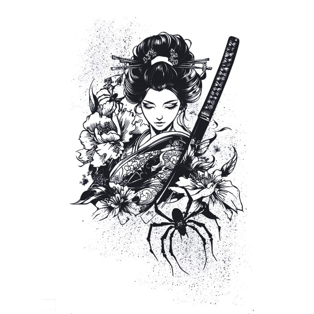 Japanese geisha with katana and large spider temporary tattoo, illustrative style with peonies and ink spatter on white background.