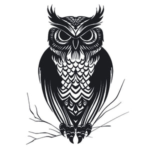 Bold blackwork owl temporary tattoo perched on a bare branch, detailed feather linework, front-facing on white background.