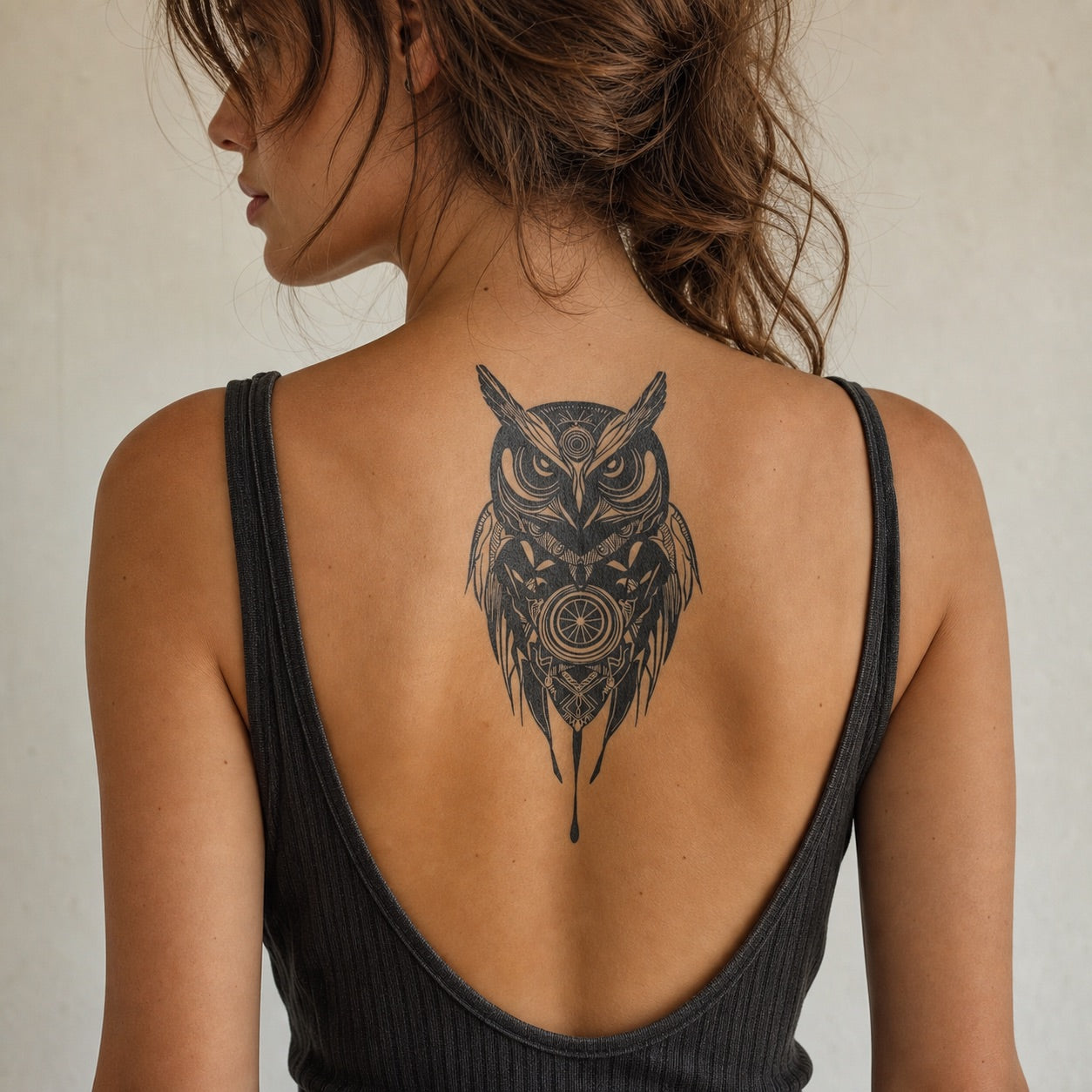 Blackwork mandala owl temporary tattoo with third eye, geometric feathers and compass medallion on white background.