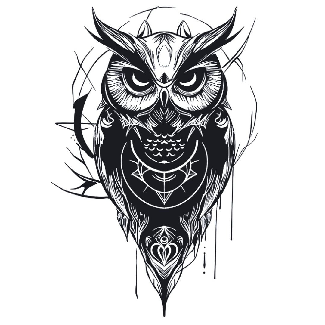 Neo-traditional geometric owl temporary tattoo with mandala chest and crescent moon, bold blackwork on white background.