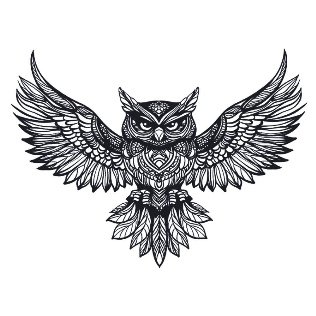 Mandala owl in flight temporary tattoo with spread wings and intricate geometric feather detail, fine linework on white background.