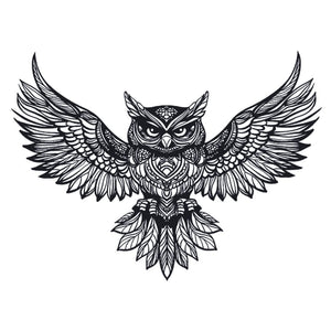 Mandala owl in flight temporary tattoo with spread wings and intricate geometric feather detail, fine linework on white background.