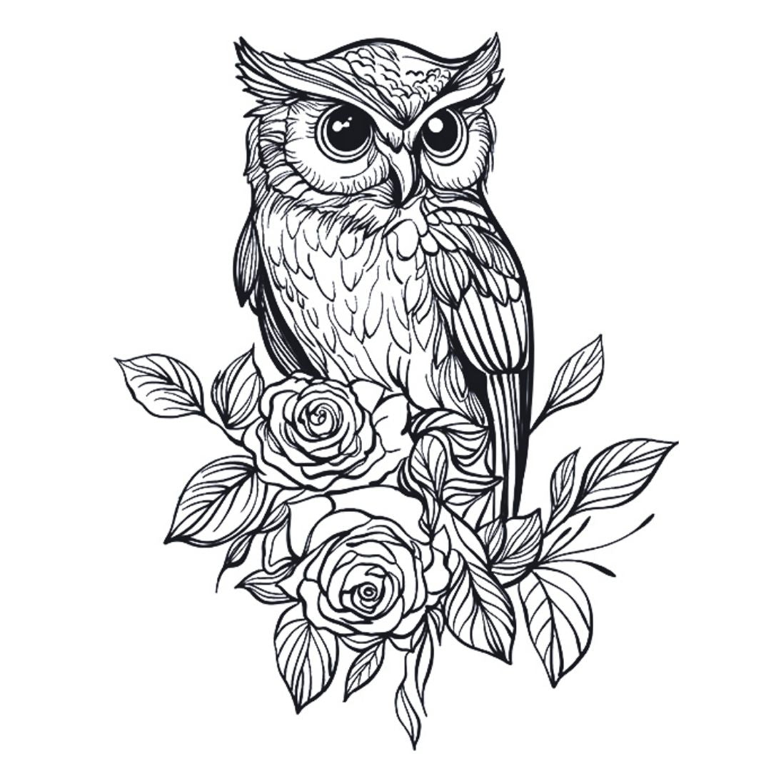 Detailed linework owl perched on rose branch temporary tattoo with two roses and leaves on white background.