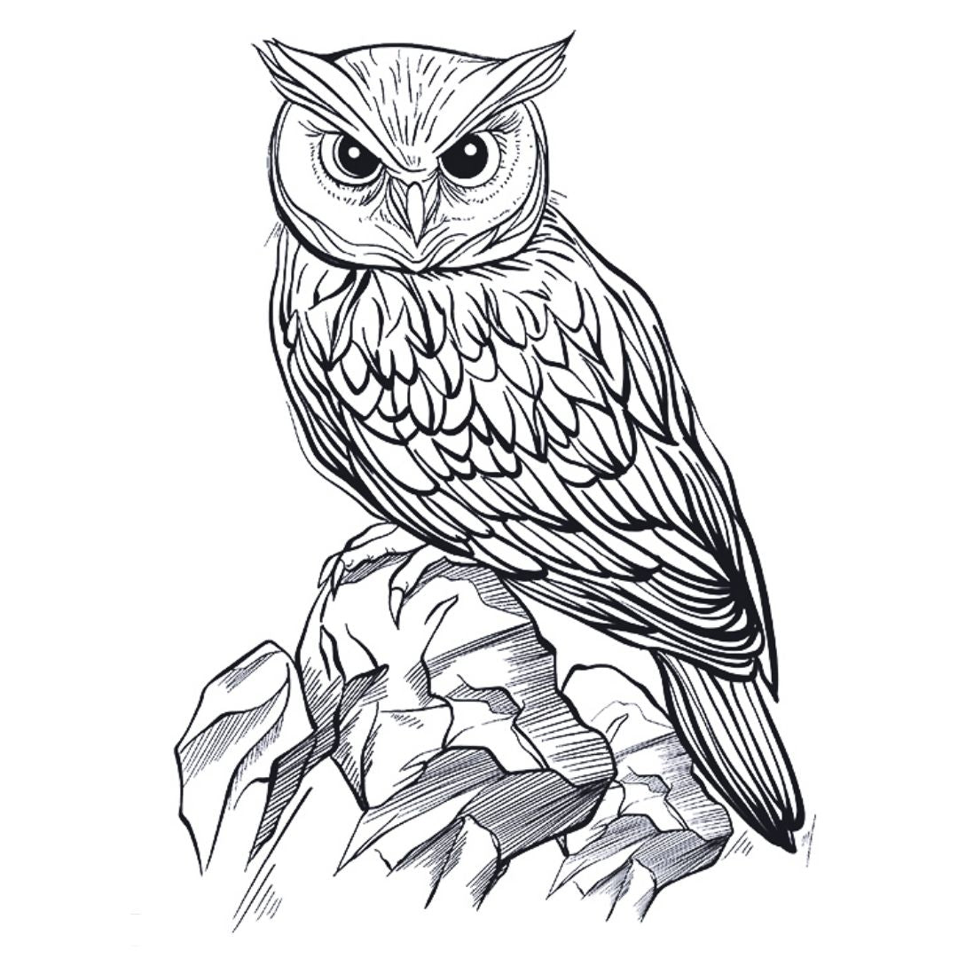 Detailed illustrative owl tattoo perched on rock, fine linework with layered feather detail, on white background.