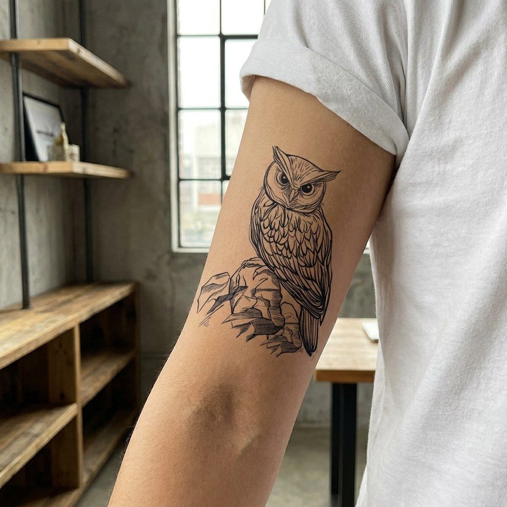 Detailed illustrative owl tattoo perched on rock, fine linework with layered feather detail, on white background.