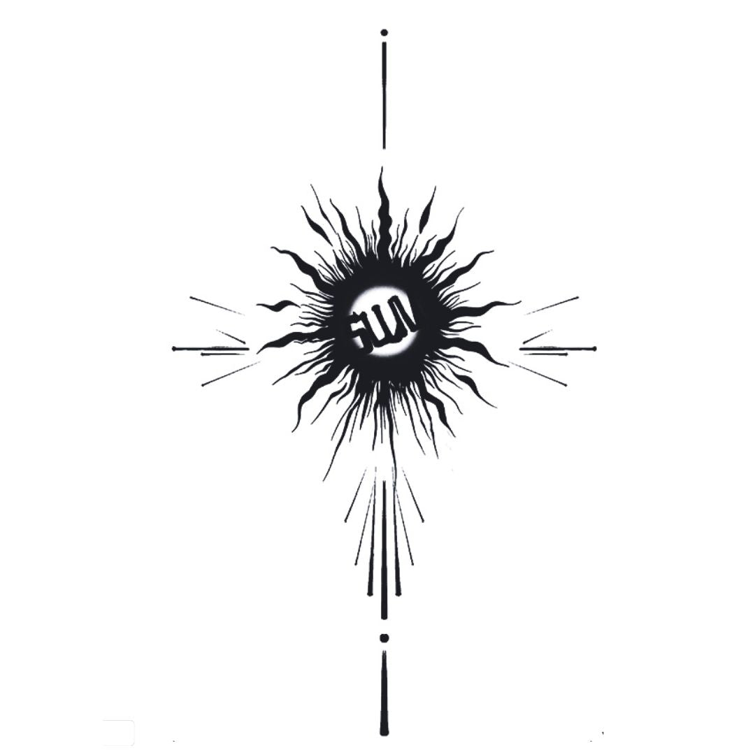 Clenched fist at center of explosive sun burst radial rays temporary tattoo, blackwork linework on white background.