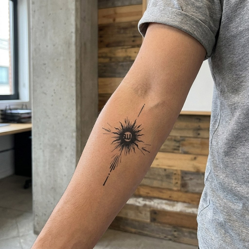 Clenched fist at center of explosive sun burst radial rays temporary tattoo, blackwork linework on white background.