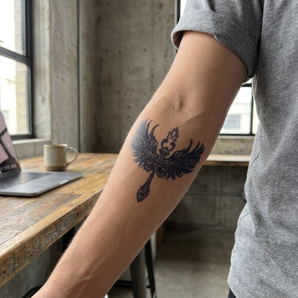 Ornate winged cross temporary tattoo with filigree crown and pointed finial, solid blackwork style on white background.