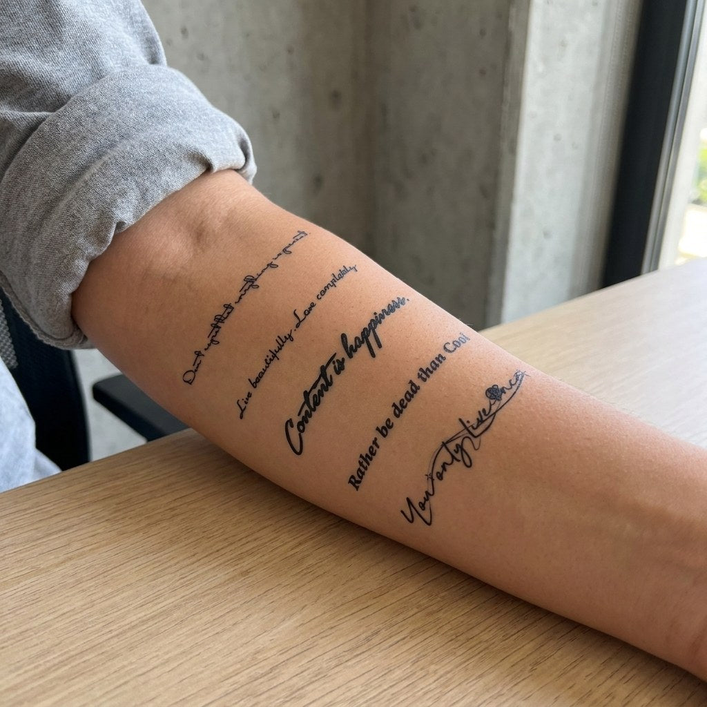 Five inspirational quote temporary tattoos in mixed cursive and script styles on white background, including 'Content is happiness' and 'You only live once'.
