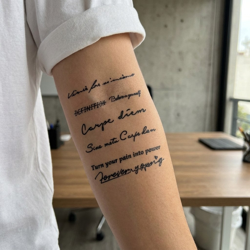 Motivational quote pack temporary tattoo with six phrases in mixed cursive and print script styles on white background.