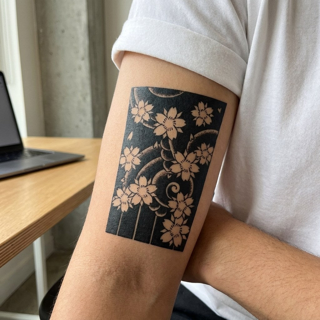 Japanese blackwork cherry blossom sleeve temporary tattoo on white background, white blooms on solid black clouds with crescent moon.