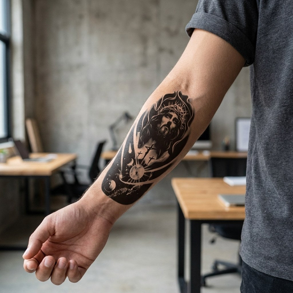 Blackwork Jesus Christ temporary tattoo with crown of thorns, three crosses, moon and planets on white background.